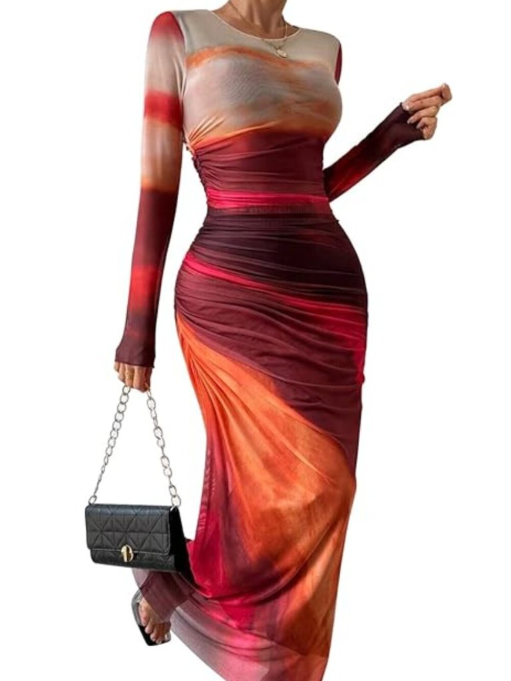 Women's Tie Dye Long Sleeve Maxi Dress Mesh Bodycon Ruched Dress - Size: Small - Picture 3 of 14